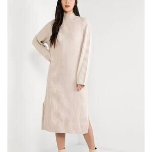 & OTHER STORIES Mock Neck Wool Blend Midi Dress Beige Cream Small S
